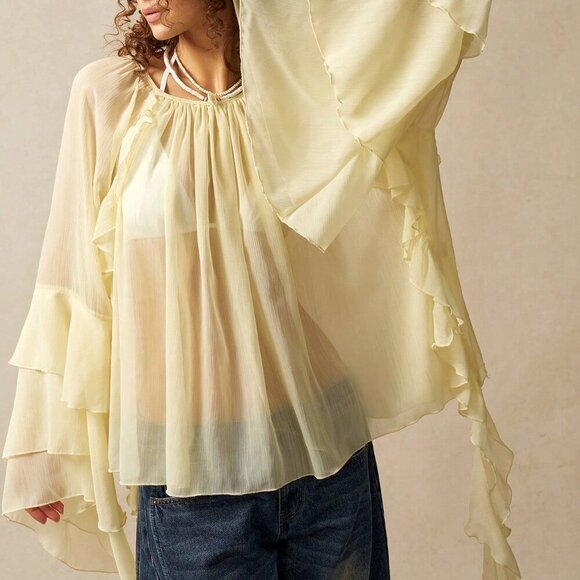 Tops - Yellow Casual Women's Loose Fit Long Sleeve Ruffled Hem Shirt